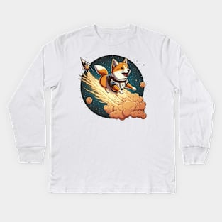 shiba inu flying into space with a rocket Kids Long Sleeve T-Shirt